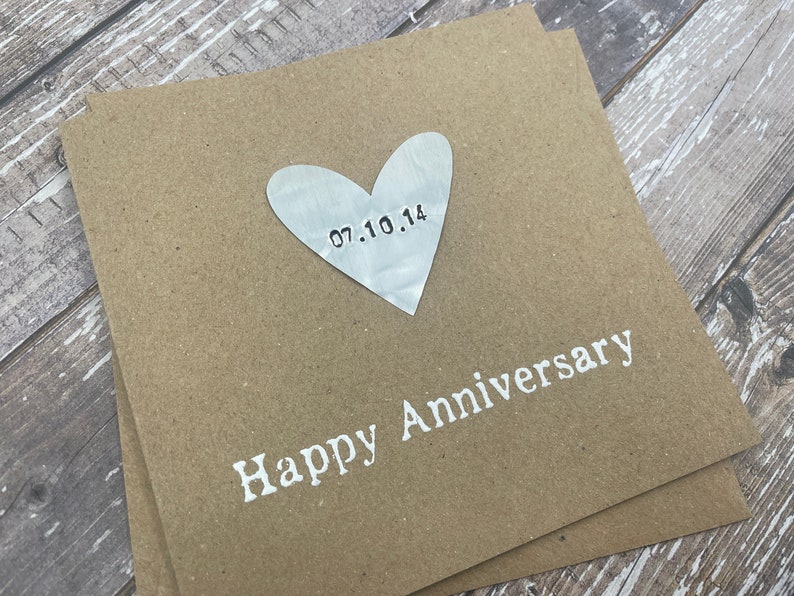 Personalised 10th Tin Anniversary Card Tenth Aluminium Heart Custom Personalize Debossed 5 x 5 inches 127mm x 127mm image 1