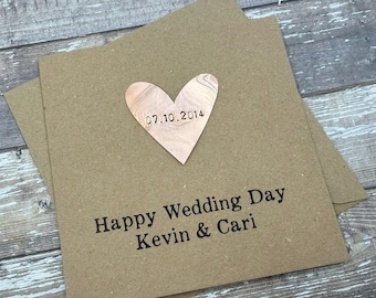Personalized Wedding Card: Just Married, Till Death Do US Part, Happily Ever After, Congratulations,  Debossed Rustic Copper Heart