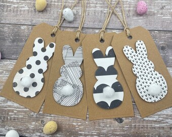 Easter Bunny Pom Pom Tail Gift Tags - Black And White -  Happy Easter Labels - Set Of 4