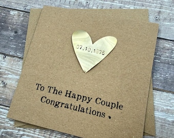 Personalized Wedding Card: Gold Debossed Rustic Brass Heart, Kraft Envelope