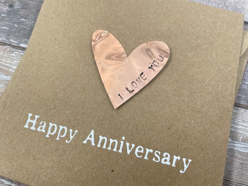 Personalised 7th Copper Anniversary Card Real Copper Heart Custom Personalize Debossed Rustic Copper 5 x 5 inches 127mm x 127mm image 4