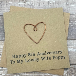 8th Personalised Bronze Anniversary Card Wire Heart Custom Wording 5 x 5 inches 127mm x 127mm image 3