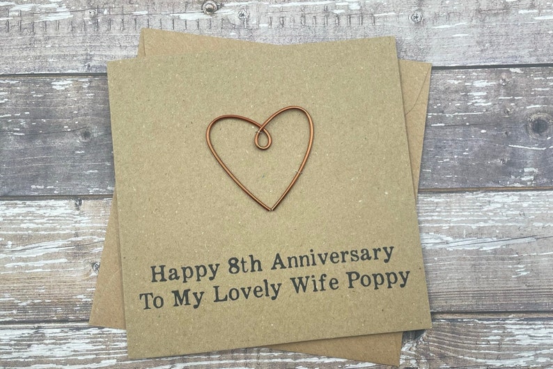 8th Personalised Bronze Anniversary Card Wire Heart Custom Wording 5 x 5 inches 127mm x 127mm image 3