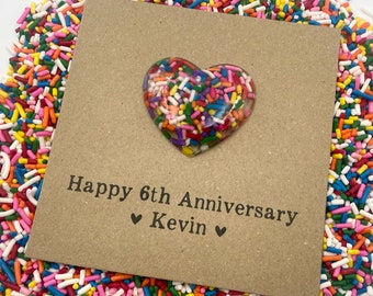 Personalized 6th Anniversary Card: Rainbow Sprinkles Resin Heart