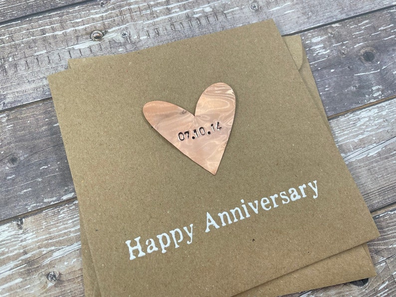 Personalised 7th Copper Anniversary Card Real Copper Heart Custom Personalize Debossed Rustic Copper 5 x 5 inches 127mm x 127mm image 1