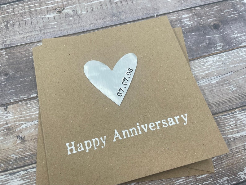Personalised 10th Tin Anniversary Card Tenth Aluminium Heart Custom Personalize Debossed 5 x 5 inches 127mm x 127mm image 3