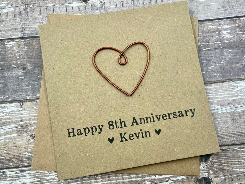 8th Personalised Bronze Anniversary Card Wire Heart Custom Wording 5 x 5 inches 127mm x 127mm image 4