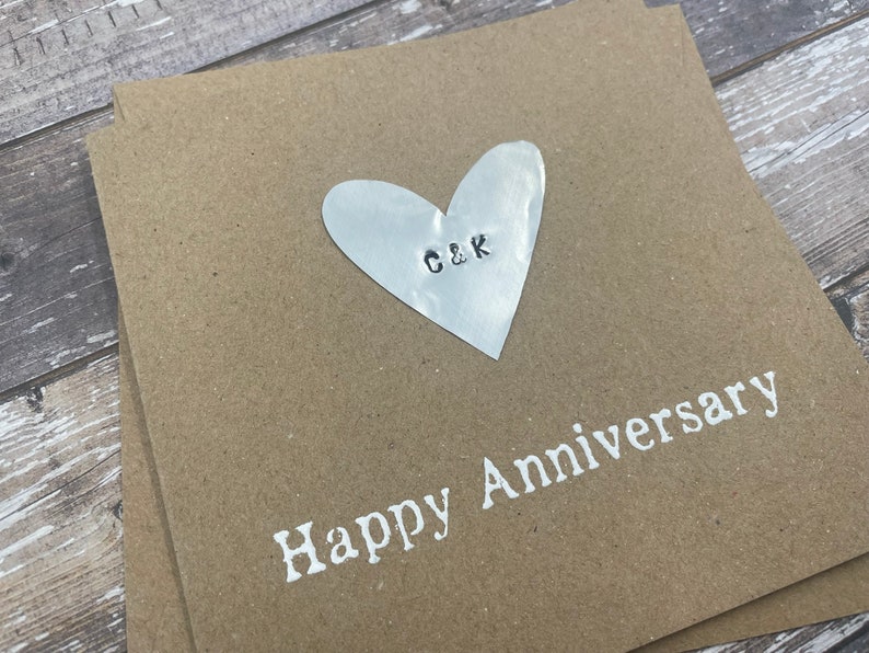 Personalised 10th Tin Anniversary Card Tenth Aluminium Heart Custom Personalize Debossed 5 x 5 inches 127mm x 127mm image 5