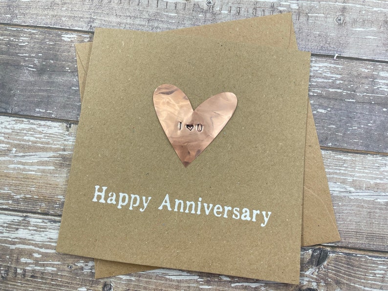 Personalised 7th Copper Anniversary Card Real Copper Heart Custom Personalize Debossed Rustic Copper 5 x 5 inches 127mm x 127mm image 5