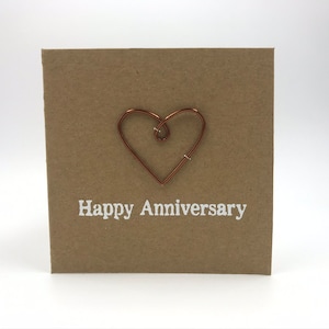 Happy 8th Anniversary Card - Bronze Wire Heart - 4 x 4 inches Or 5 x 5 inches Rustic Wine Bronze - Golden Bronze - Antique bronze