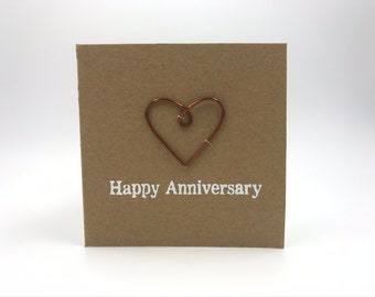 Happy 8th Anniversary Card - Bronze Wire Heart - 4 x 4 inches Or 5 x 5 inches Rustic Wine Bronze - Golden Bronze - Antique bronze