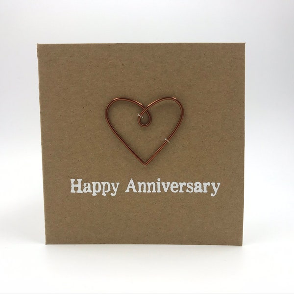 Happy 8th Anniversary Card - Bronze Wire Heart - 4 x 4 inches Or 5 x 5 inches Rustic Wine Bronze - Golden Bronze - Antique bronze