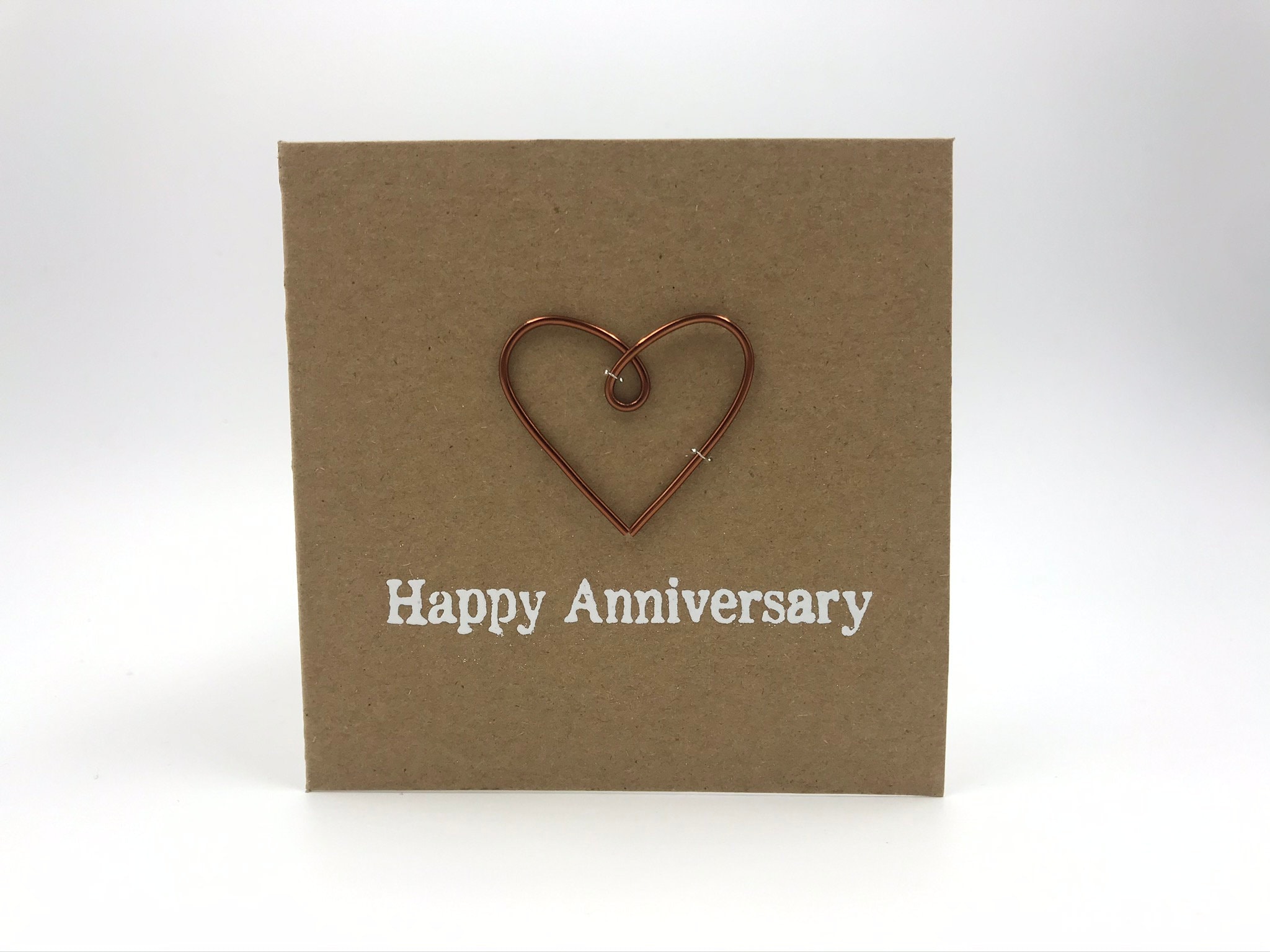 Happy 8th Anniversary Card - Bronze Wire Heart - 4 x 4 inches Or 5 x 5 inches Rustic Wine Bronze - Golden Bronze - Antique bronze