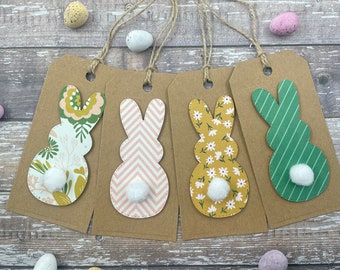 Easter Bunny Pom Pom Tail Tags - Floral - Forest Green - Pink -  Happy Easter Labels - Set Of 4