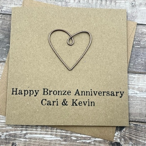 8th Personalised Bronze Anniversary Card Wire Heart Custom Wording 5 x 5 inches 127mm x 127mm image 2