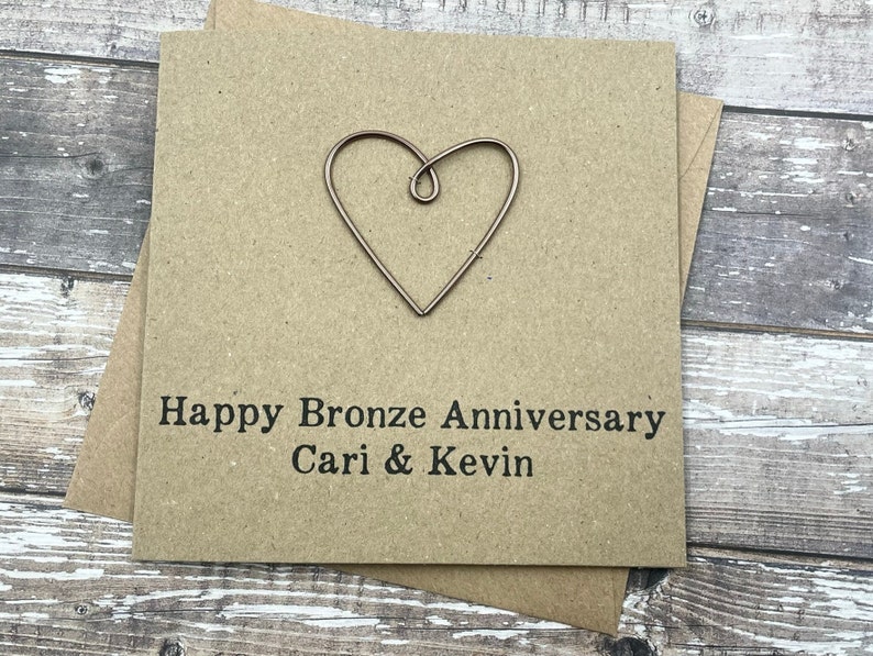 8th Personalised Bronze Anniversary Card Wire Heart Custom Wording 5 x 5 inches 127mm x 127mm image 2