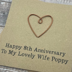 8th Personalised Bronze Anniversary Card Wire Heart Custom Wording 5 x 5 inches 127mm x 127mm image 7