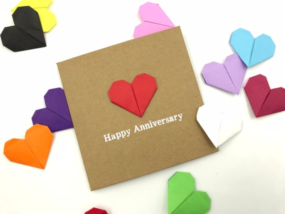 Happy 1st Anniversary Card Paper Origami Heart First 4 X 4 Inches Customise Lined School Paper White Red Pink Orange Yellow Green Blue