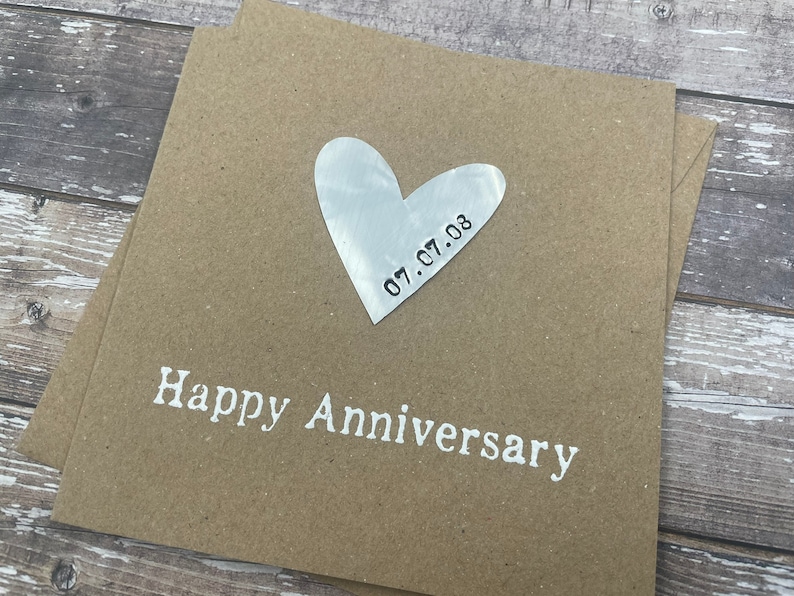 Personalised 10th Tin Anniversary Card Tenth Aluminium Heart Custom Personalize Debossed 5 x 5 inches 127mm x 127mm image 9