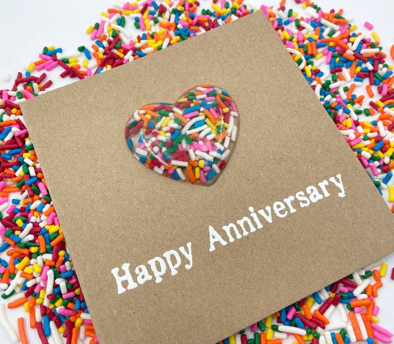 6th Sugar Anniversary Card Rainbow Sprinkles Resin Heart 100s and 1000s Epoxy 4x4 inches 102mm x 102mm Or 5x5 inches 127mm x 127mm image 3