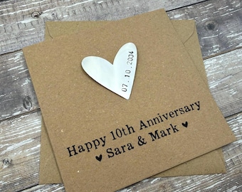 Personalized 10th Tin Anniversary Card:  Silver Aluminium Heart, Debossed, Handmade