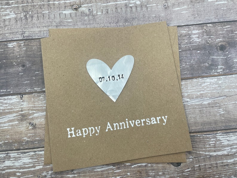 Personalised 10th Tin Anniversary Card Tenth Aluminium Heart Custom Personalize Debossed 5 x 5 inches 127mm x 127mm image 7