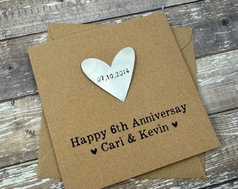 Personalized 6th Iron Anniversary Card:  Silver Grey Heart, Debossed, Handmade