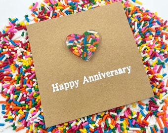 6th Sugar Anniversary Card - Rainbow Sprinkles Resin Heart - 100s and 1000s Epoxy 4x4 inches (102mm x 102mm) Or 5x5 inches (127mm x 127mm)