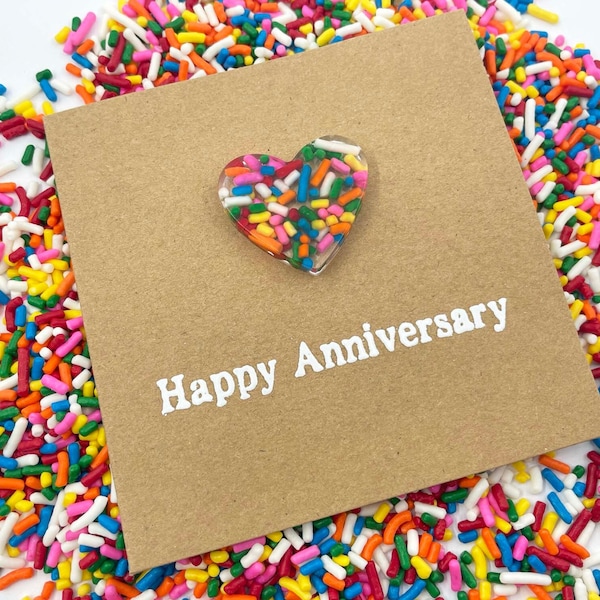 6th Sugar Anniversary Card - Rainbow Sprinkles Resin Heart - 100s and 1000s Epoxy 4x4 inches (102mm x 102mm) Or 5x5 inches (127mm x 127mm)