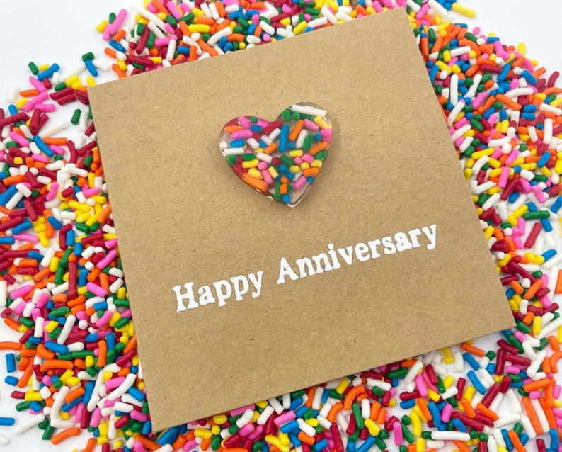 6th Sugar Anniversary Card Rainbow Sprinkles Resin Heart 100s and 1000s Epoxy 4x4 inches 102mm x 102mm Or 5x5 inches 127mm x 127mm image 1