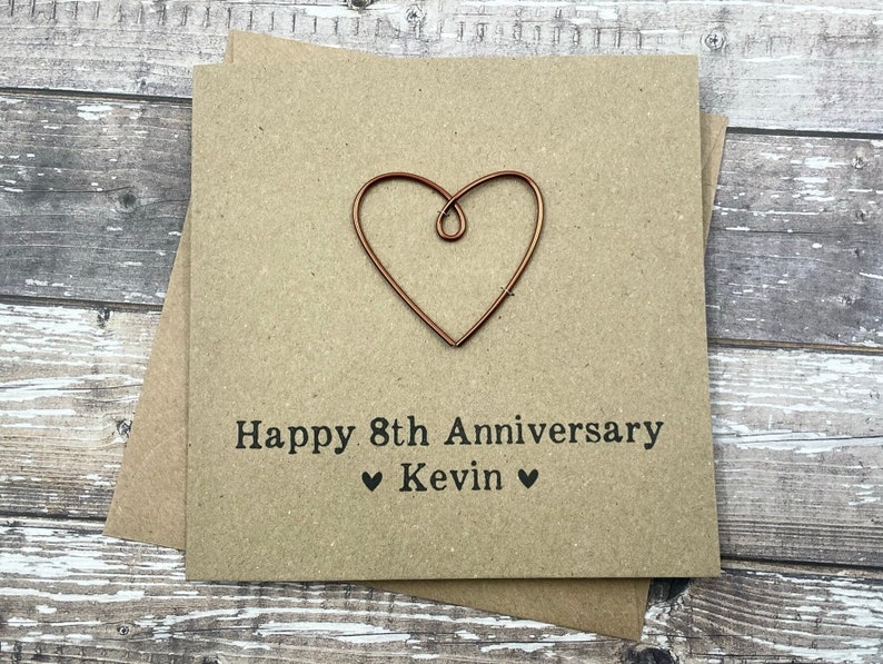 8th Personalised Bronze Anniversary Card Wire Heart Custom Wording 5 x 5 inches 127mm x 127mm image 1