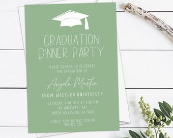 Graduation Party Invitation, Sage Green Grad Invite, Graduation Cap, Moss Green Graduation Dinner Party, Digital Download Printable