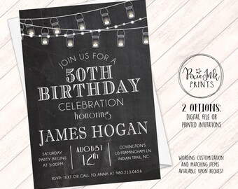 50th Birthday Invitation, Chalkboard Invitation, Milestone Birthday Invitation, String lights Invitation