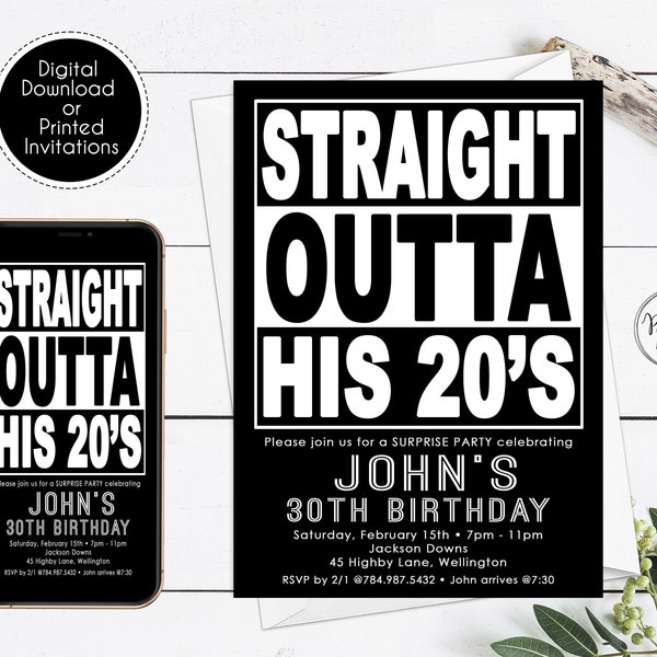 Straight Outta His Twenties, Thirties, Forties Birthday Milestone Invitation Editable, Hip Hop Digital Download, Mens Birthday Invitation