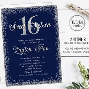 Dolce 16 invito, blu navy dolce 16 invito, invito di compleanno Sparkle, notte sotto le stelle invito, Navy stampabile Sweet Sixteen
