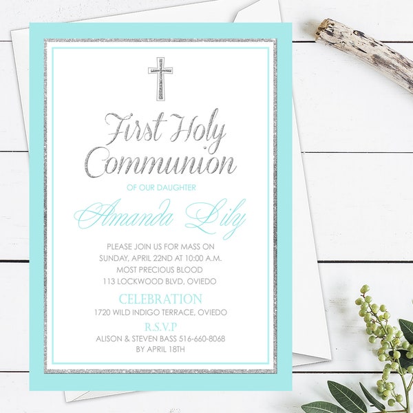 Turquoise & Silver Communion Invitation, First Holy Communion Digital Invitation Template Printable, 1st Communion