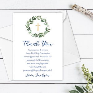 Dankeschön Karte Kommunion Marineblau und Gold, Eukalyptus Erstkommunion Danke DIY, Kommunion druckbar, digitaler Download Vorlage