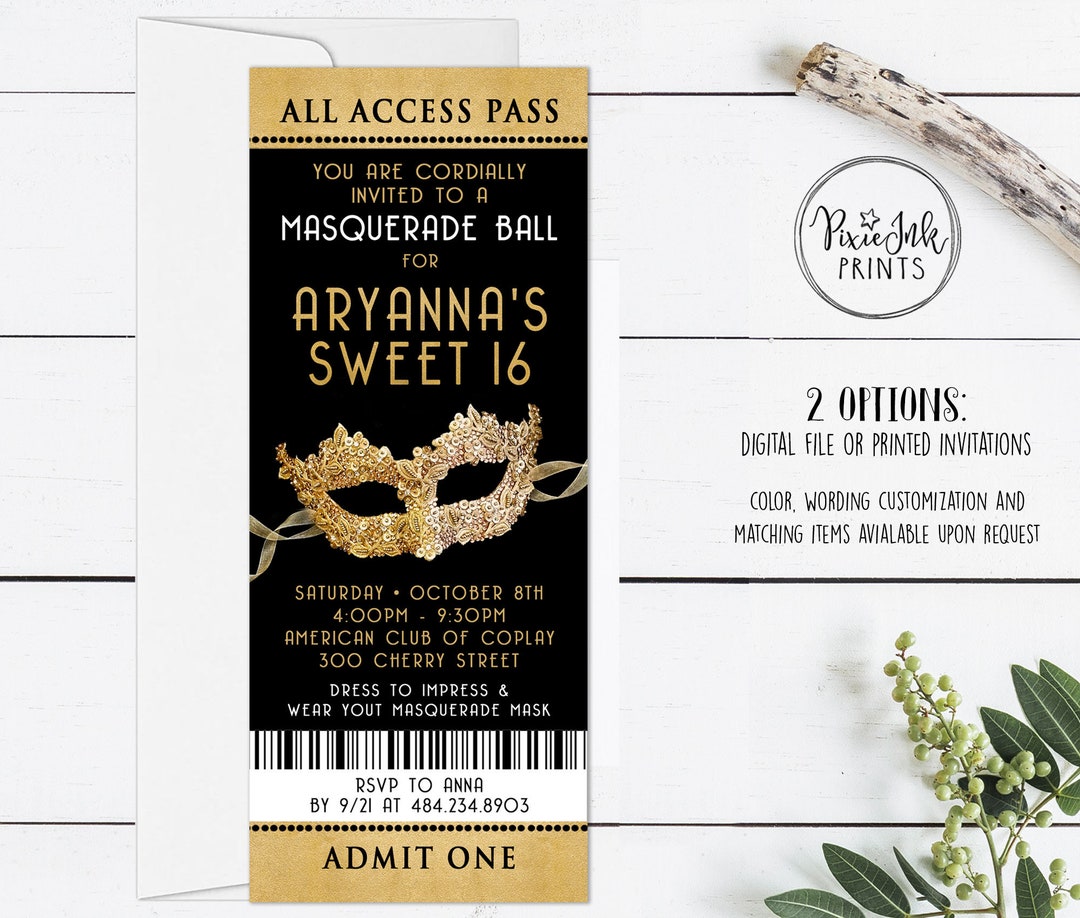 Masquerade Sweet 16 Invitation Ticket, Sweet Sixteen Ticket, Masquerade
