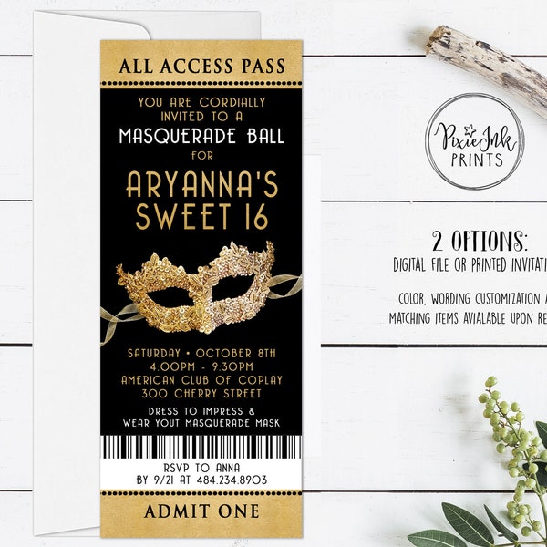 Masquerade Sweet 16 Invitation Ticket, Sweet Sixteen Ticket, Masquerade Ball Ticket, Masquerade Party VIP Pass