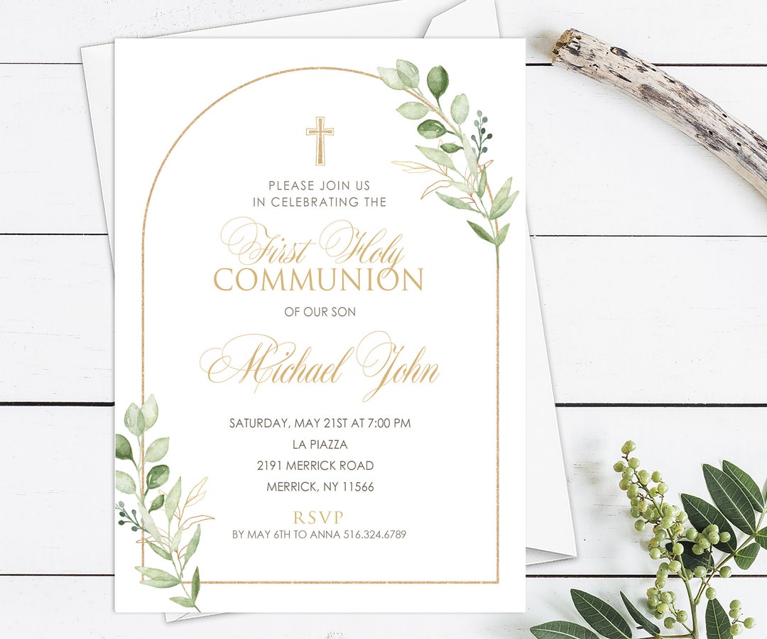 Gold Communion Invitations, First Communion Invitations Boy, First Holy