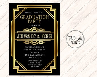 Graduation Party Invitation, Black & Gold Graduation Invitation, Gold Grad Invite, Class of 2021 Graduation Invitation, Graduation Printable