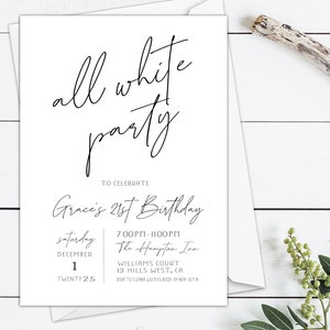 Puede incluir: Una tarjeta de invitación blanca con texto negro. El texto dice "all white party" y "Para celebrar el cumpleaños número 21 de Grace". La invitación detalla una fiesta el sábado 1 de diciembre, de 7:00 PM a 11:00 PM en The Hampton Inn, Williams Court, 13 Hills West, CA. RSVP a Eleana 4517758321 antes del 15 de noviembre.