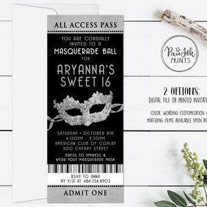 Maskerade Sweet 16 Einladungskarte, Sweet Sixteen Karte, Maskerade Ball Karte, Maskerade Party VIP Pass