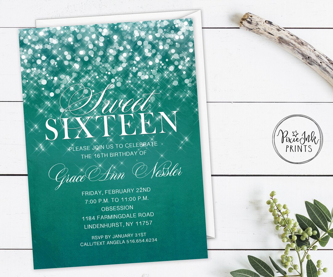 Sweet 16 Invitation, Emerald Green Sweet 16 Invite, Sparkle Birthday