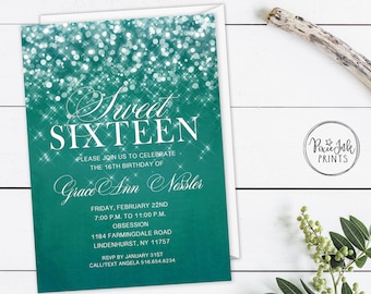 Sweet 16 Invitation, Emerald Green Sweet 16 Invite, Sparkle Birthday Invitation, Emerald Green Sparkle Invitation, Printable Sweet Sixteen