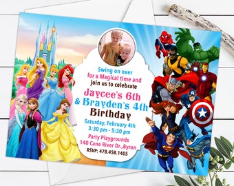 Superhero & Princess Invitation, Split Birthday Invitation, Split Birthday Invitation, Twin Invitation Printable, Joint Birthday Invitation