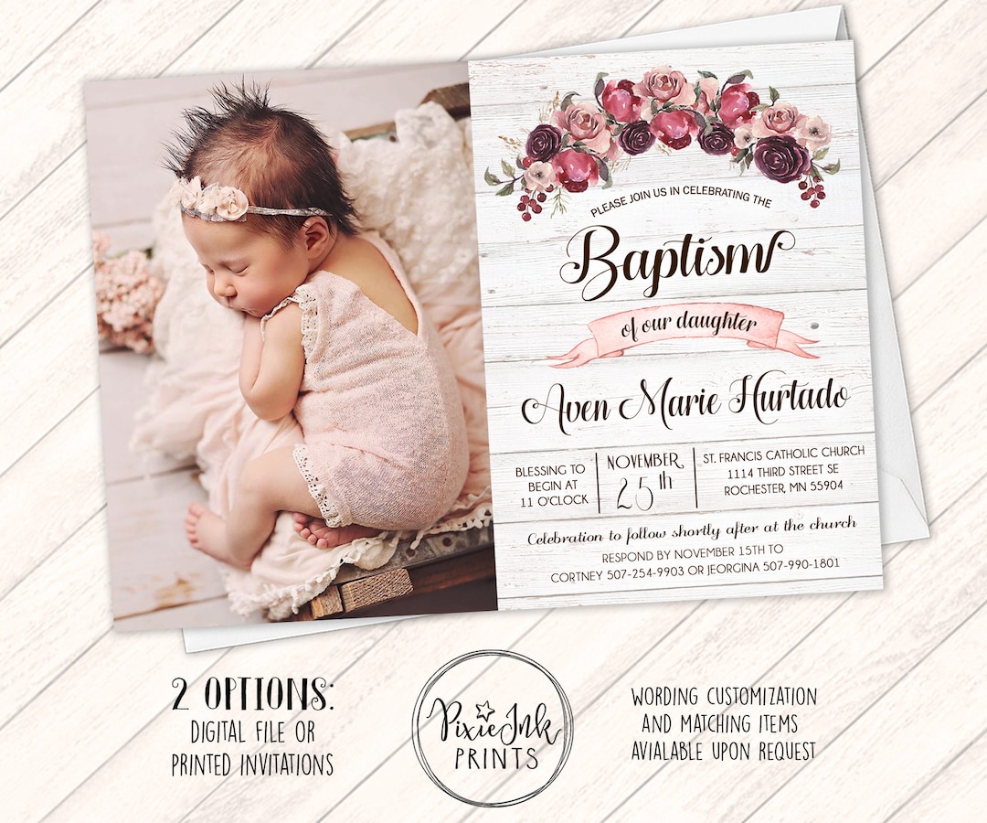 Baptism Invitation, Girl Christening Invitation, Burgundy Baptism Invitation Printable, Burgundy