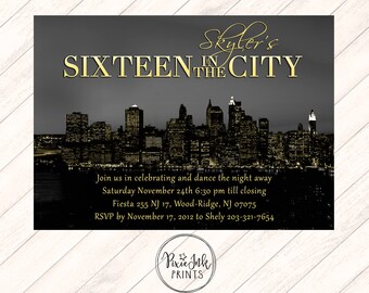 Sixteen in the City Invitation, Skyline Sweet 16 Invite, Black & Gold Birthday Invitation, Black and Gold Sixteen Invitation, Printable