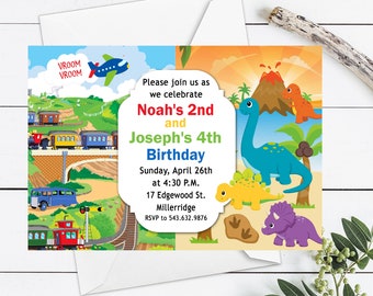 Transportation Invitation, Dinosaur Invitation, Split Birthday Invitation, Sibling Birthday, Twin Invitation, Joint Birthday Invitation