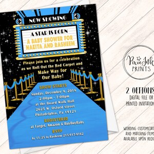 Tappeto blu per baby shower, inviti per baby shower per ragazzo Modello di invito digitale per baby shower Hollywood stampabile